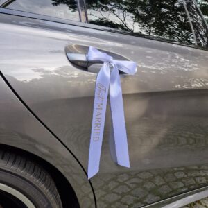 Luxe satijnen strik voor trouwauto, bedrukt met gouden tekst 'Just Married'